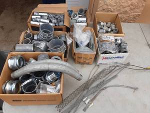 lot 47 image: 34, 1, 1-12, 2, 3 Galvanized Nipples, Misc. Connectors, Unions & Wire Pullers For Conduit Wiring Jobs