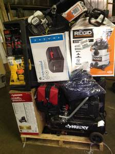 lot 3 image: Pallet of RIGID, RYOBI, HUSKY, DEWALT, STINGER WHOLESALE HARDWARE TOOLS,VACCUMS AND MORE.