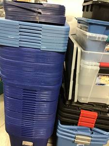 lot 34 image: Pallet of assorted storage bins, tools boxes and more different sizes and conditions