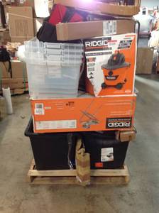 lot 1 image: PALLET OF ASSORTED RIGID,HUSKY,DEWALT TOOLS, PLASTIC BINS
