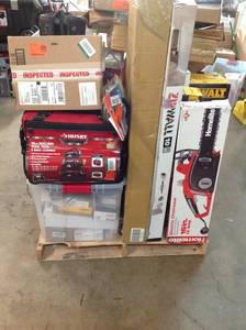 lot 10 image: PALLET OF DEWALT,RIGID,HUSKY,RYOBI,HOMELITE ASSORTED TOOLS AND DELTA BATHROOM ACCESSARIES