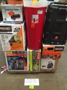 lot 21 image: PALLET OF RIGID,HUSKY,RYOBI ASSORTED TOOLS, SENTRY SAFE