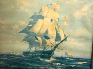 lot 27 image: Framed Vintage 1930s-40s Gordon Grant Nautical Clipper Ship Print