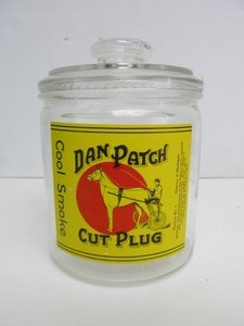 lot 11 image: Vintage DAN PATCH Cut Plug Glass Tobacco Cigar Jar wLid
