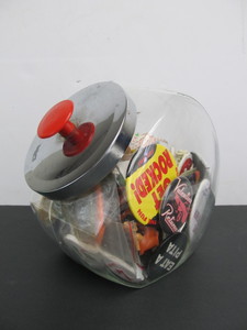 lot 12 image: Vintage Glass CookieCandy Jar FULL of Small Collectibles Toys Buttons etc