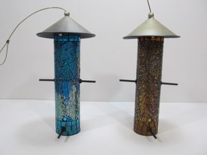 lot 54 image: Pair of Mosaic Glass BIRD BRAIN Confetti Thistle Bird Feeder