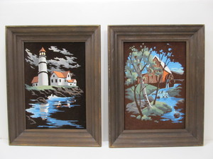 lot 193 image: Pair of Vintage Paint by Number Framed Farm and Lighthouse Scene Paintings