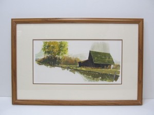 lot 194 image: Original Farm House in a River Landscape Gouache Painting Signed JK JOHNSON