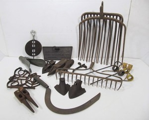 lot 244 image: Large Lot of Vintage & Antique Primitive Farm Tools Etc