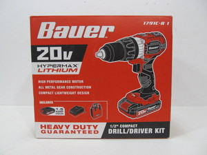 lot 261 image: Brand New BAUER Heavy Duty 20V Hypermax Lithium Drill Driver Kit