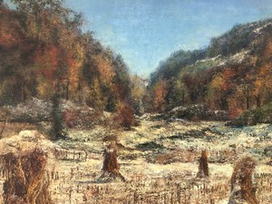lot 4 image: Very Nice Vintage Framed Signed Fall Landscape Oil on Board Farm Scene Painting