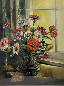 lot 5 image: Lovely Vintage Signed Dated 1930 Colorful Floral Still Life Painting by MN Artist Hazel Moore