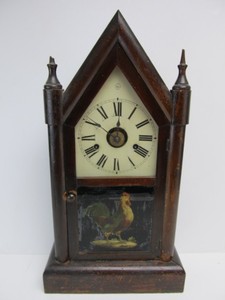 lot 71 image: Antique SETH THOMAS MantelShelf Clock wReverse Painted Rooster Glass