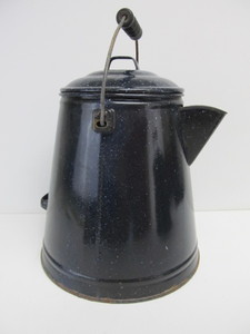 lot 72 image: 2 Large Vintage Dark Blue Enamelware Coffee Pots