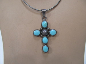 lot 204 image: Signed Southwestern Antonio Reina Sterling Silver Crucifix Cross Pendant Necklace wInset Turquoise