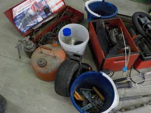 lot 337 image: Pallet of Tools, Screws, door, Chai...