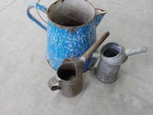 lot 344 image: Blue Enamel Coffee Pot and 2 Oil Ca...
