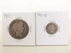 lot 144 image: 1901-P Barber Half Dollar and a 1911-D Barber Dime