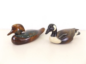 lot 12 image: 2 Collectible Higher End Life Sized Wood Carved Duck Decoys