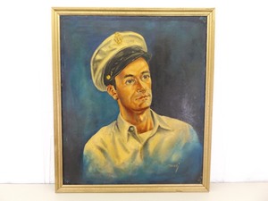 lot 19 image: Large 1940s Oil on Canvas Painting of a Navy Soldier