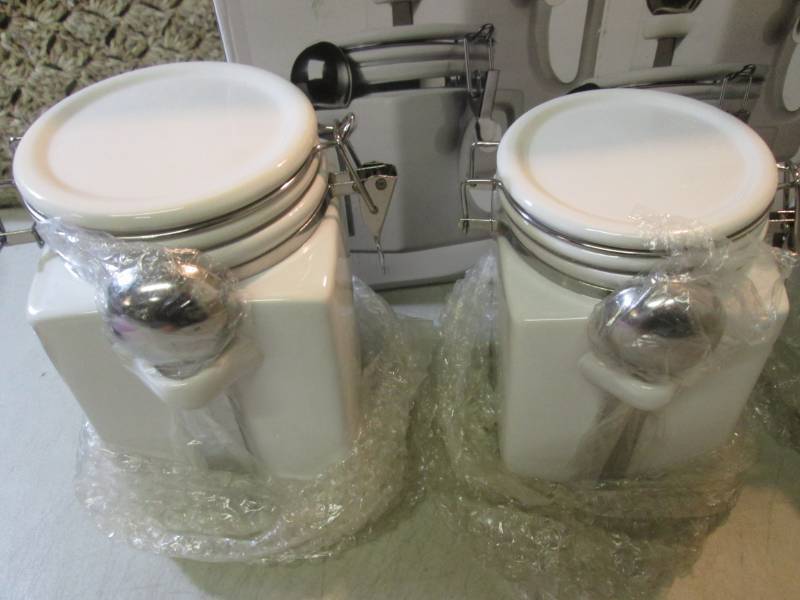 lot 151 image: 3 Canisters with Handles Lids and S...