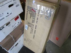 lot 428 image: White Kitchen Island with Spice Rack,Towel Ho lder and Woor Top Open Box Retail $96.90 RMBC
