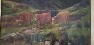 lot 33 image: English Original Oil Painting  Cows in the Mountain Pasture
