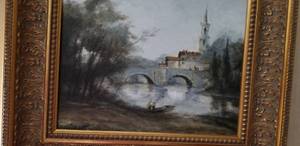 lot 49 image: Original Oil Painting of English Castle with Arched Bridge