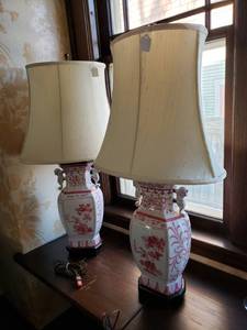 lot 56 image: Hand Painted Italian Red and White Table Lamps, Pair