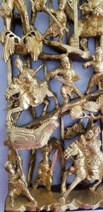 lot 40 image: Carved Chinese Warriors and Temple Lacquered Gilt Wood Panel Relief