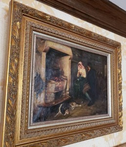 lot 141 image: Original Oil Painting  Early Dutch Couple by the Hearth by Friederich