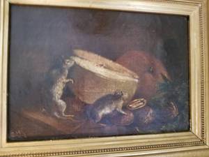 lot 184 image: Charming Original Oil Painting of Two Mice dated 1882