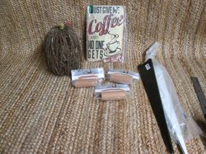 lot 225 image: Home Decor Lot- Light Up Pumpkin Coffee Metal Sign, Banners, and Shelving Brackets 48