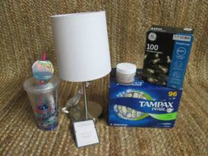 lot 226 image: Tumbler with goodies, 13 Table Lamp, Super Tampax Tampons, & Other Misc.