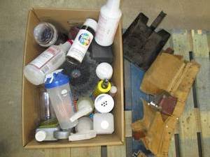 lot 360 image: Box of Open Container Cleaning Supplies and Tool Belt