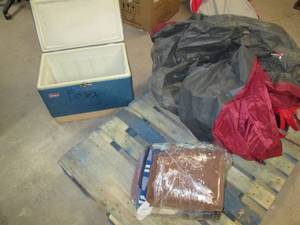 lot 361 image: Coleman Cooler, Towels, Tent Without Poles (Great Condition) & Radio Flyer Canopy for wagon