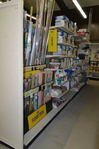 lot 27 image: Store Shelving - 4 Foot Double Sided Section Including Sliding Panels and Shelves with Peg Board Backing & Storage Drawer