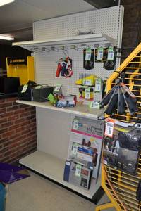 lot 35 image: Store Shelving - 4 Foot Single Sided Sections with Peg Board Backing & Storage Drawer