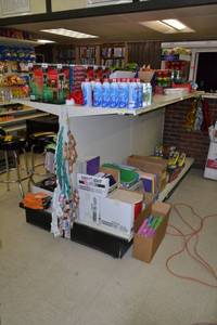 lot 37 image: Store Shelving - 4 Foot Double Sided Section and Shelves with Peg Board Backing & Storage Drawer