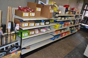lot 40 image: Store Shelving - 4 Foot Single Sided Sections and Shelves with Peg Board Backing & Storage Drawer