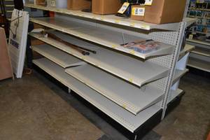 lot 49 image: Store Shelving - 4 Foot Double Sided Section and Shelves with Peg Board Backing & Storage Drawer