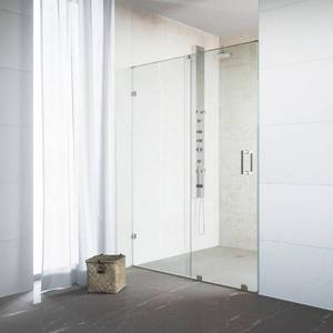lot 12 image: Lot of 1 VIGO Ryland 48 to 50 in. x 72.75 in. Frameless Sliding Shower Door in Stainless Steel with Clear Glass and Handle and 1  VIGO Elan 52 to 56 in. x 74 in. Frameless Sliding Shower Door in Chrome with Clear Glass and Handle