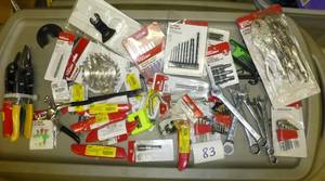 lot 83 image: lot of snips, wrenches, drill bits,...