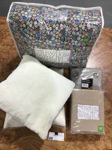 lot 4 image: Lot of Full Sized Bedding Items Comforter, Decorative Pillows, Sheets and Curtains