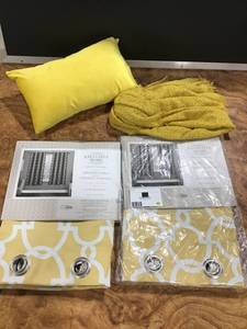 lot 42 image: Sunshine Home Dcor Lot (2) Packages Exclusive Home patterned 52x 63 window coverings, throw rug and matching suede throw pillow