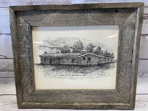 lot 90 image: Vintage Apple Crate Framed Teepee Bottom Ranch Artwork