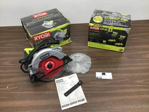 lot 34 image: Mixed Lot Ryobi 18v 2 Piece Combo Kit-Open Box. 7-14 Circular Saw With Laser-Used