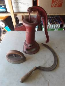 lot 25 image: Sistern Pump, Scythe, Sad Iron