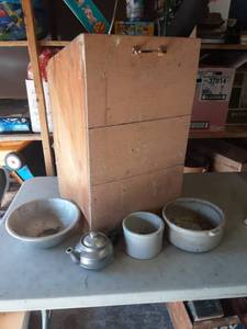 lot 28 image: Wood Bin, Crocks, Teapot, Vintage Newspaper In Tube