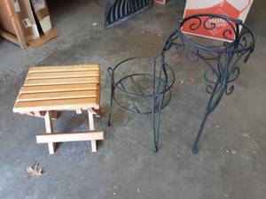 lot 37 image: 2-Metal Pot Stands, Wood Folding Stool